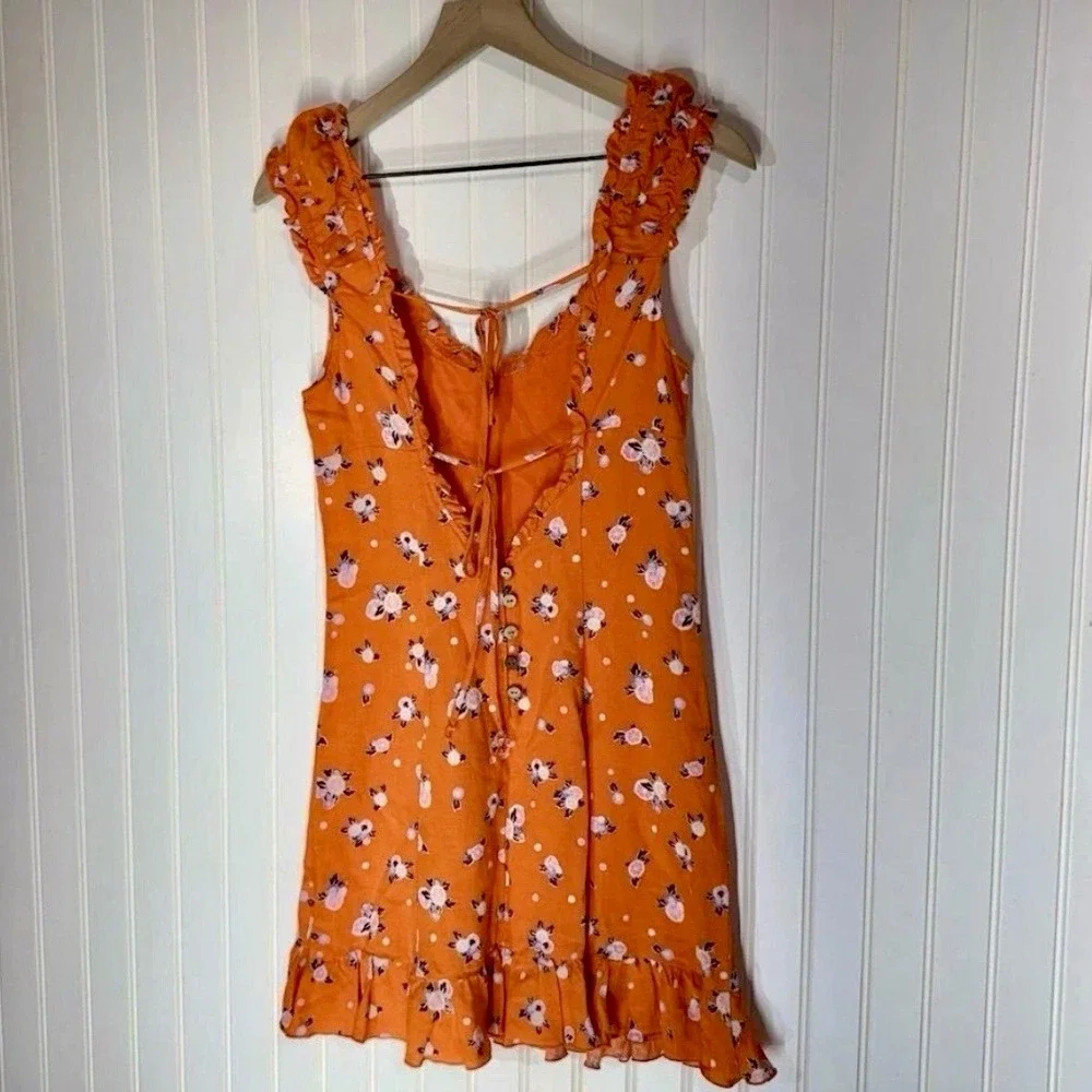 Free People Like A Lady Mini Dress Small Orange Floral Ruffle Tie Back Boho - Picture 3 of 7